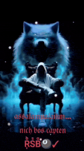 a man in a hooded jacket is sitting in front of a wolf