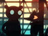 a bear and a wolf are standing next to each other in the dark