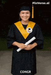 a woman in a graduation cap and gown holding a diploma with pixverse.ai written on the bottom