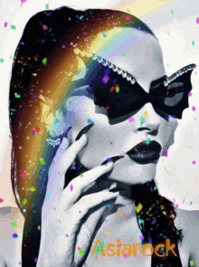 a black and white photo of a woman wearing sunglasses with the word asiarock on the bottom