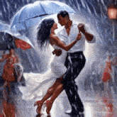 a man and woman are dancing in the rain under an umbrella .
