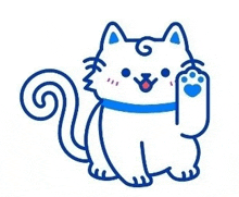 a cartoon drawing of a white cat with a blue collar and tail .