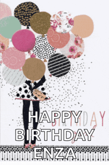 a birthday card with a woman holding balloons and the words happy birthday enza