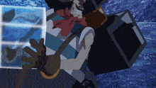 a man in a striped shirt is holding a piece of ice