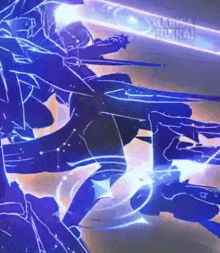 a silhouette of a person holding a sword in a dark room with a blue light coming out of it .
