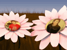 two flowers with a picture of a man in a red shirt