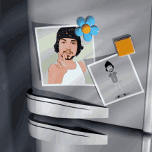 a fridge with a picture of a man giving a peace sign