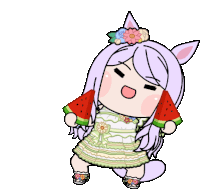 a cartoon of a girl holding two watermelon slices