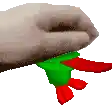 a hand with a green and red scarf around it