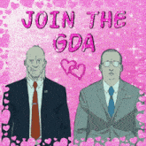 two men are standing next to each other on a pink background with the words join the gda