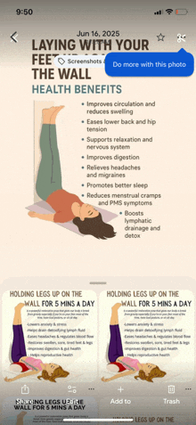 laying with your feet on the wall health benefits