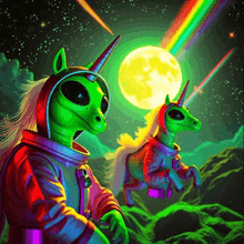 a painting of two aliens dressed as unicorns with a rainbow in the background