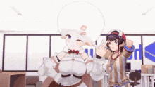 two anime girls are standing next to each other in an office .