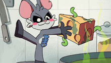 a cartoon mouse is holding a piece of cheese with the word who on his back