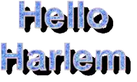 the words hello harlem are displayed in blue letters