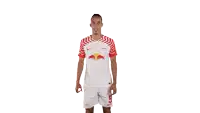 a soccer player wearing a white jersey with red bulls on it