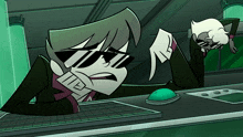 a cartoon character wearing sunglasses is sitting at a desk with a green button on it