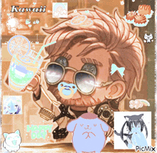 a cartoon drawing of a man with a pacifier in his mouth holding a drink with the words kawaii written on the top