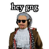 a man wearing a wig and sunglasses says " hey gng "