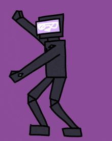 a drawing of a black robot with a purple screen on its head