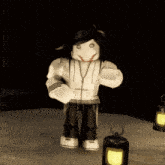 a cartoon character is standing on a table with a lantern in front of him