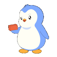 a blue and white penguin is holding a red box