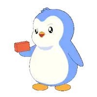 a blue and white penguin is holding a red box