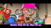 a cartoon of a girl holding a sign that says one of us one of us