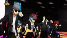 a group of anime characters are dancing in front of a sign that says yx20