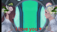 a cartoon of two women with flowers in their hair and the words i love you