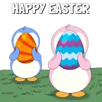 two penguins holding easter eggs with the words happy easter written on the bottom