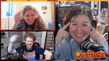 a man and a woman wearing headphones are on a quest friends video