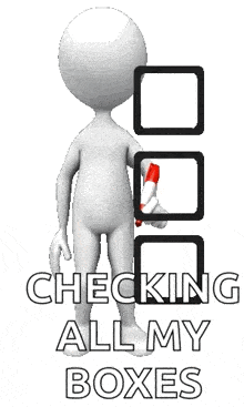 a 3d man checking all his boxes with a red check mark