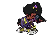 a cartoon character is singing into a microphone .