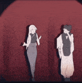 a man and a woman are dancing together in front of a red wall
