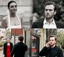 a man in a black coat talks on a cell phone next to a woman in a white dress