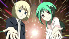 a boy and a girl are reaching out their hands in front of a colorful background
