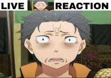 a cartoon of a man with a surprised look on his face with the words live reaction below him