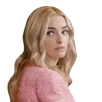 a blonde woman wearing a pink sweater is making a funny face