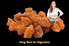 a picture of a woman standing next to a pile of food with the words hing best for digestion below it