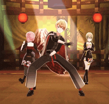 a man in a cape is dancing in front of a group of anime girls