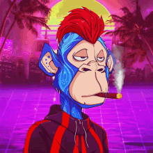a cartoon of a monkey smoking a cigar with a sunset in the background