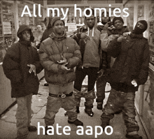 a group of young men are posing for a picture with the caption all my homies hate aapo