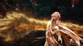 a woman in a white cape is standing in front of a fireball .