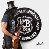 a man in a top hat is playing a guitar in front of a logo for the brigade community