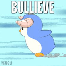 a penguin wearing a hat with the word bullieve written above it