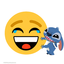 a yellow smiley face with tears coming out of it next to stitch