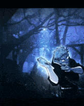 a drawing of a man holding a sword in a forest