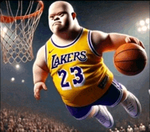 a cartoon basketball player for the lakers jumping in the air with a basketball