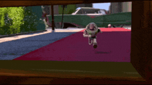 buzz lightyear from toy story is standing in front of a car